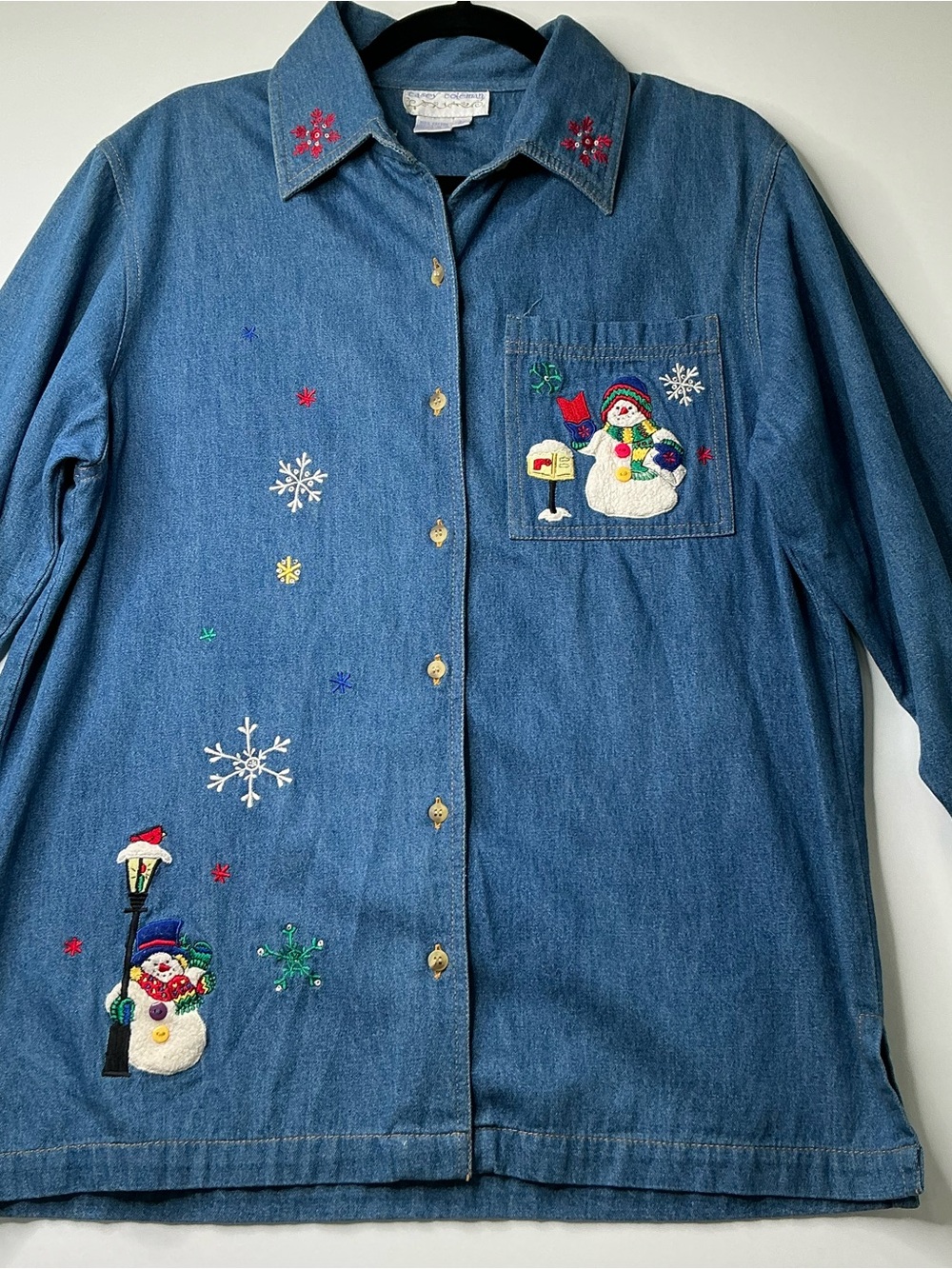 Casey Coleman Women’s Jeans Christmas Shirt Vintage 90s Snowman Winter Scene M